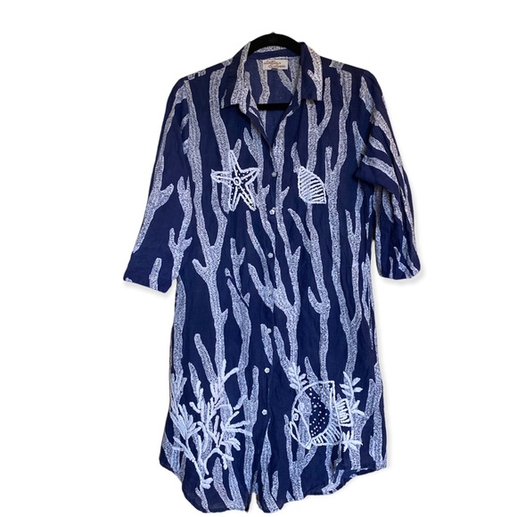 Antica Sartoria Other - Antica Sartoria by Giacomo Cinque Navy Blue Fish Embroidery Linen Tunic
